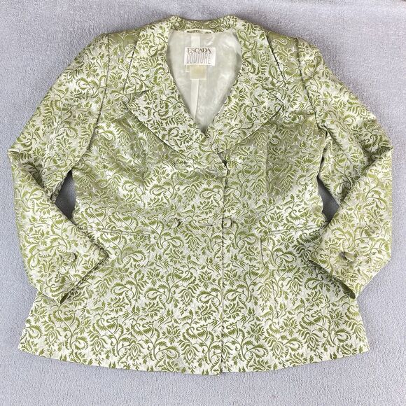 Escada Couture Silver Jacquard Skirt Suit Women’s Size 42 Green White Germany - Picture 2 of 16